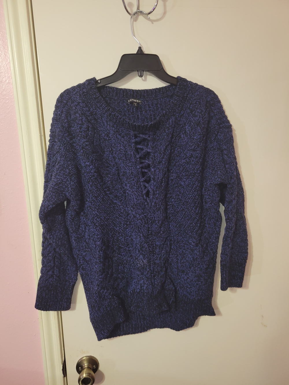 Express Navy Lace-Up Cable Knit Sweater